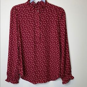 NWT LOFT maroon floral blouse ruffle accents S